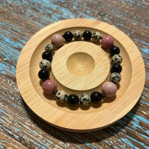 Handmade Rhodonite + Dalmatian jasper + black obsidian Bracelet 🩷🖤 - Picture 1 of 2